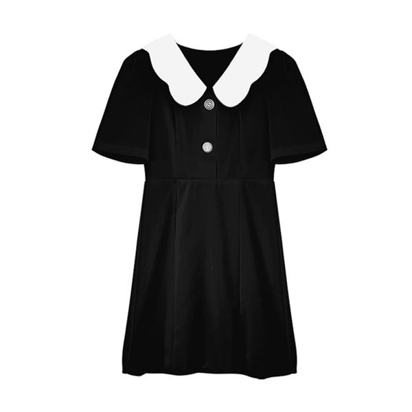 

turn down collar short sleeve mini dress elegant summer women female a-line black solid button white d2006 210514, Black;gray