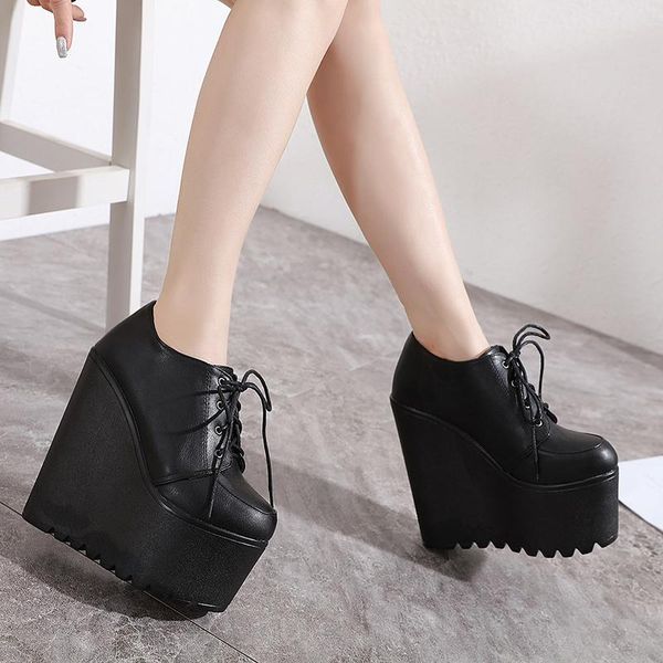 

boots 2021 autumn winter versatile waterproof platform high-heeled women's sloping heel round head front lacing shoes, Black