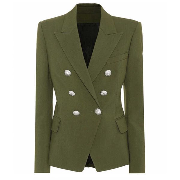 

high street stylish designer blazer women's classic lion silver buttons double breasted jacket olive green 210930, White;black