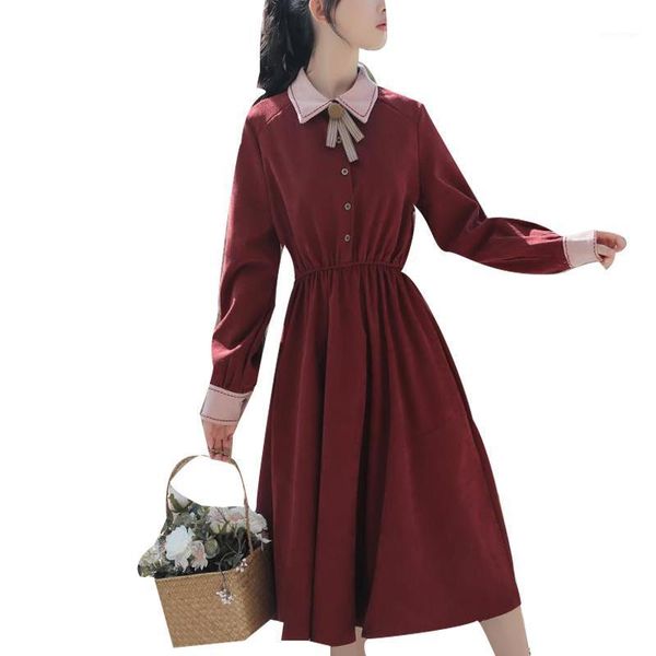 

women's spring autumn style dress long sleeve bow solid color button vintage sweet ss3705 casual dresses, Black;gray