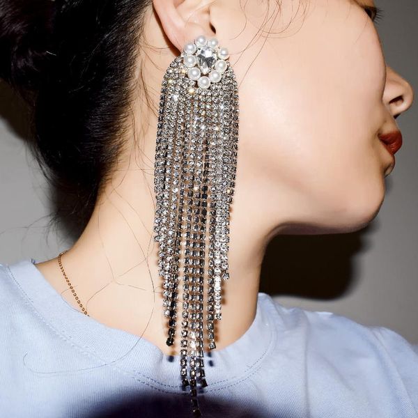 

dangle & chandelier vintage shiny rhinestone long tassel earrings for women fashion jewelry bridal wedding statement accessories, Silver