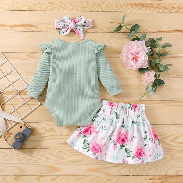 

clothing sets baby girl\u2021s three piece suit fashion waffle long sleeve romper and flower short skirt & headband, White