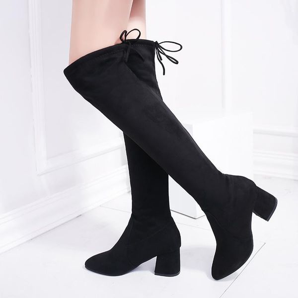 

boots 2021 women thick high heels long winter shoes over the knee pointed toe stretch fabric hjn89, Black