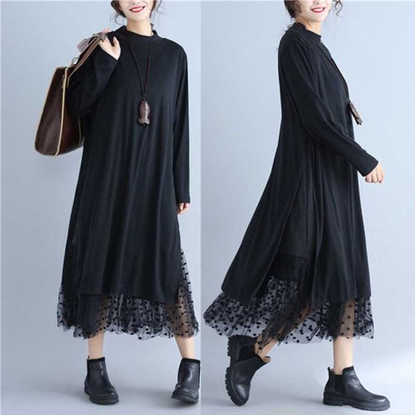 

casual dresses ichoix women black mesh dot split joint dress stand collar long sleeve loose fit fashion tide spring autumn 2021, Black;gray