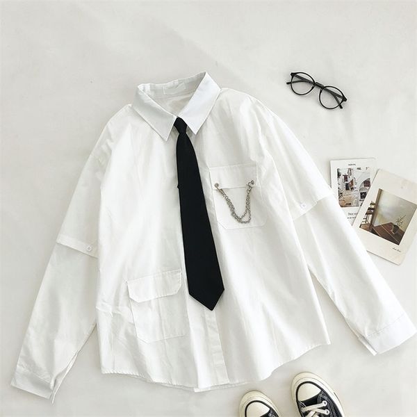 

spring autumn women's blouses korean style pure color chain pocket lapel shirt loose casual long sleeve female gx516 210507, White