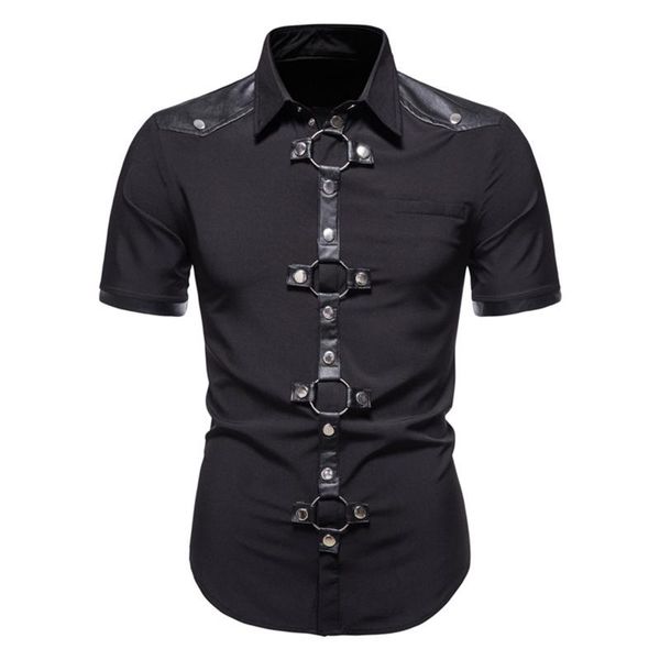 

men's casual shirts men punk latex patchwork short sleeve shirt fashion goth rivet o ring retro cool rock concert music festival cloth, White;black