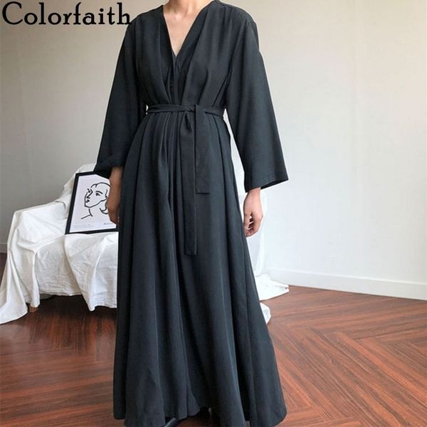 

2021colorfaith new 2021 women spring summer dresses lace up casual buttons fashionable v-neck vintage oversize long dress dr1150, Black;gray
