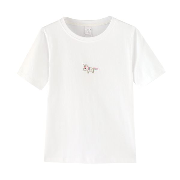 White Tees Top T Shirt manica corta ricamo unicorno O collo estate B0108 210514