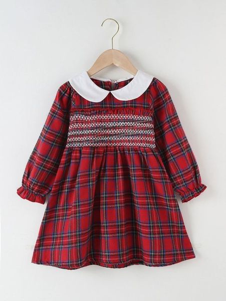

toddler girls tartan peter pan collar flounce sleeve dress she, Red;yellow