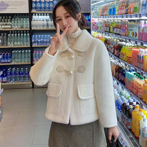 

women's wool & blends cmaz 2021 spring and autumn short loose imitated mink fluff woolen coat, Black