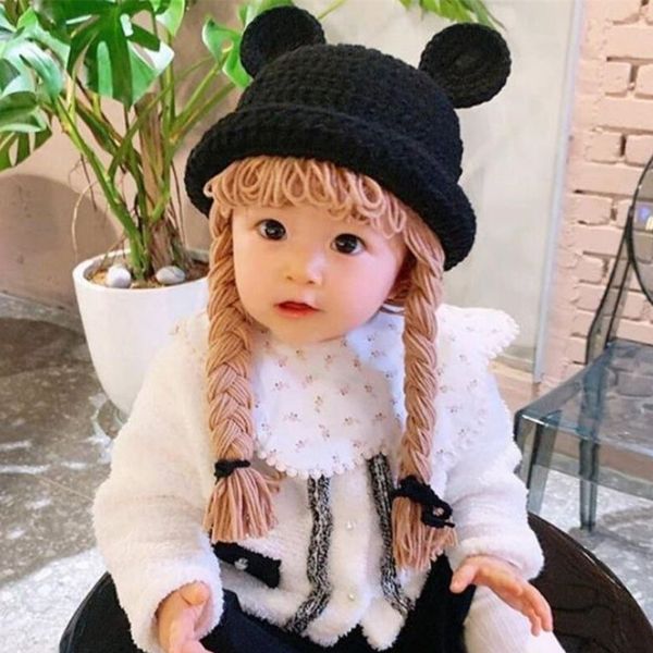 Cute Baby Girl Boy Cappello a secchiello Capelli Treccia Treccia Berretto per parrucca Inverno Caldo Crochet Knit Bambini Bambini Ragazze Cappelli e berretti Nero 210713