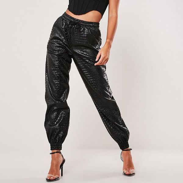 

women's pants & capris high waist pu leather women stretch loose harem faux cargo, Black;white