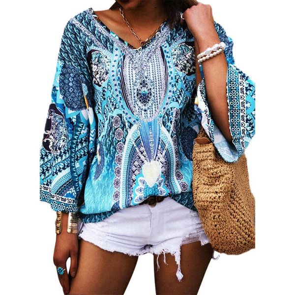 

women's blouses & shirts vintage long sleeve print shirt blouse spring autumn fashion v-neck folk femme blue casual beach loose women 2, White