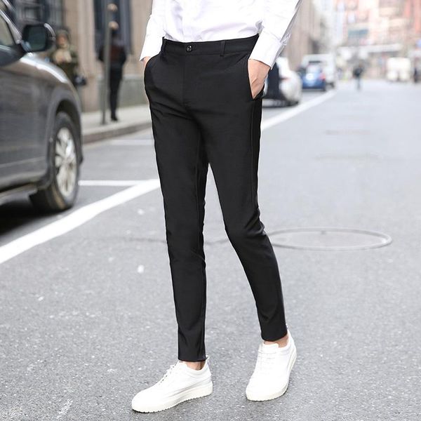

men's pants mens business formal dress suit trousers slim fit cropped fashion male pant b34, Black