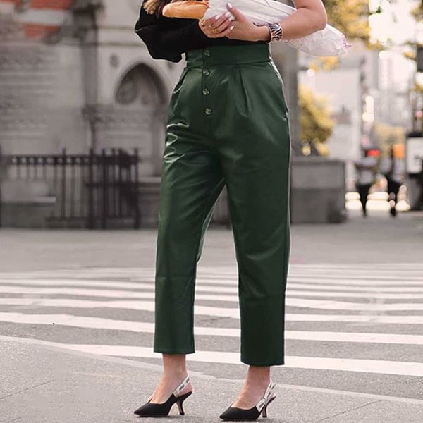 

jean false plutonium leather, broad-legged women's upper waistband pants, cargo feminine stylish, elegant business office, chic lady., Blue