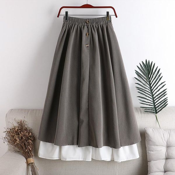 

skirts spring summer women 2021 high waist korean for girls cute sweet ladies button hit color stitching skirt, Black
