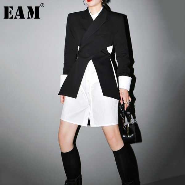 

women's suits & blazers [eam] women black cross split joint blazer lapel long sleeve loose fit jacket fashion tide spring autumn 2021 1, White;black