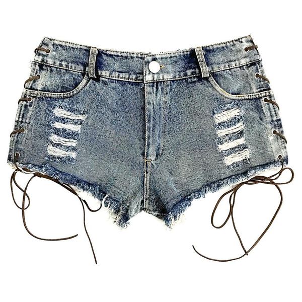 

women's jeans bandage wild shorts 2021 summer side hollow high-elastic fashion split denim short pants club party, Blue