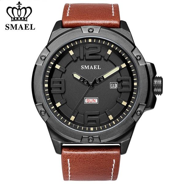 

wristwatches smael leather strap men's watches date waterproof watch men fashion sport quartz wrist relogio masculino, Slivery;brown