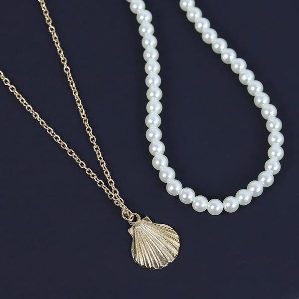 

chokers fashion personality scallop handmade beaded necklace feminine temperament pearl shell double set choker gift, Golden;silver