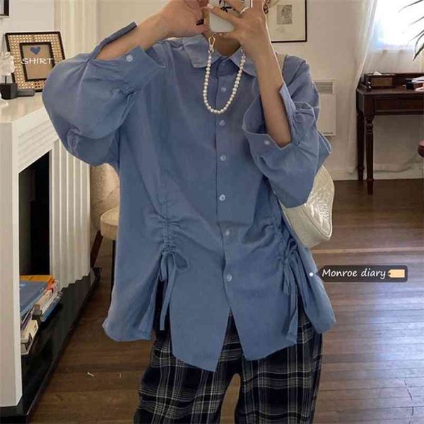 

spring temperament fashion blouse female retro lapel loose blusa jacket medium long shirt c632 210507, White