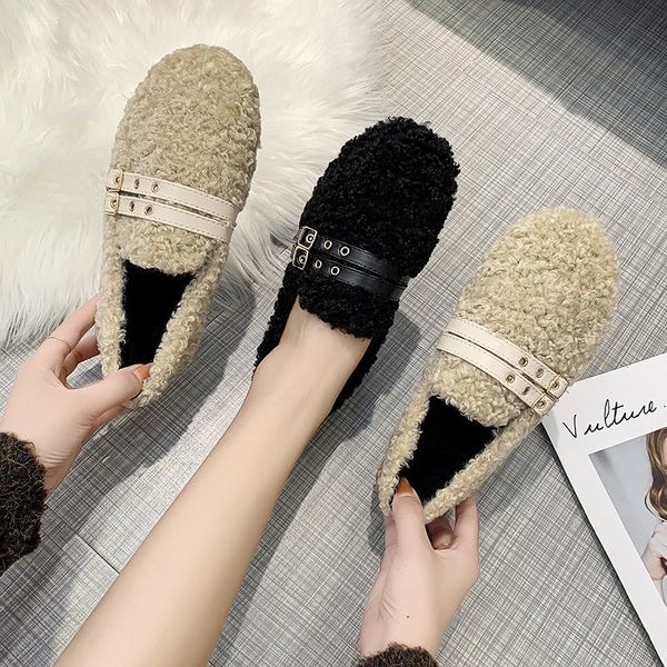 

winter fur flats loafers women shoes belt buckle strap round toe slip on casual shoes warm furry autumn shoes woman luxury flats, Black