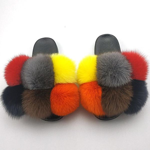 

slippers women fluffy summer furry slides women's real ladies luxury fashion female shoes with pompon indoor y0ka, Black