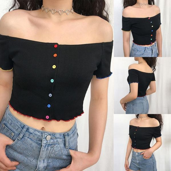 

women's t-shirt strapless one-neck color buttons ruffle short black, White