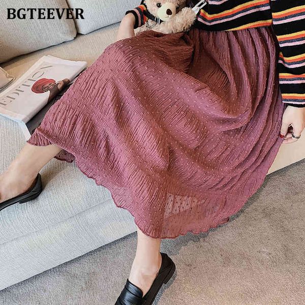 

skirts 4 colors elegant elastic waist ruched chiffon for women summer loose dots a-line female mid-length skirts kta7, Black