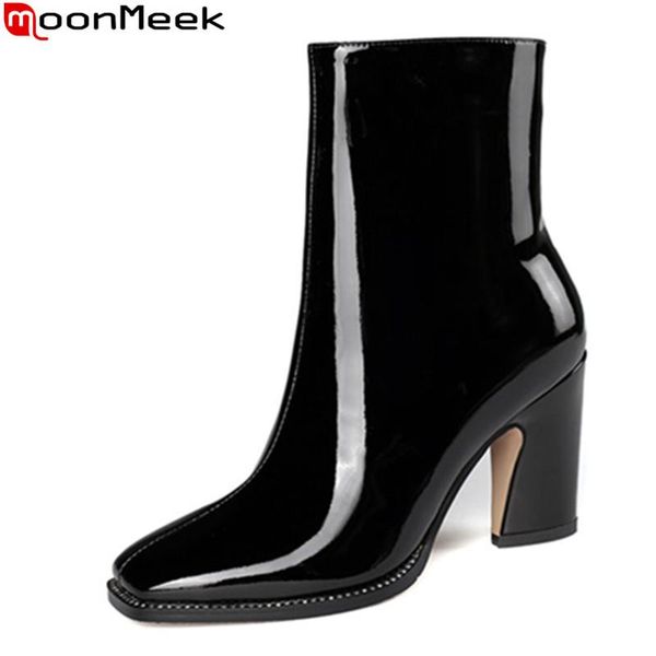 

boots moonmeek 2021 arrival women genuine leather thick high heels square toe autumn winter ankle black