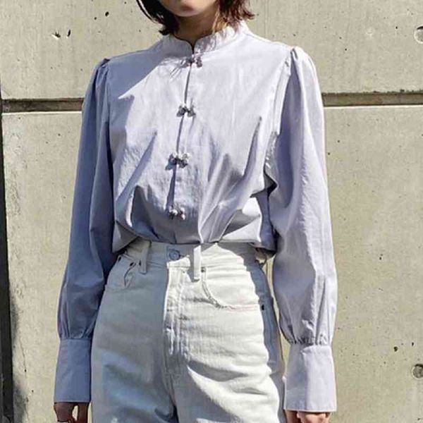 

japan style sweet puff long sleeve blouses womens buttoned shirts spring stand collar camisas mujer simple blusas mujer 210514, White