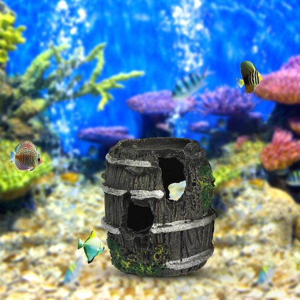 

decorations 6pcs resin aquarium decoration small barrel fish tank artificial building rocks cave hiding fishbowl aquatic pet supplies