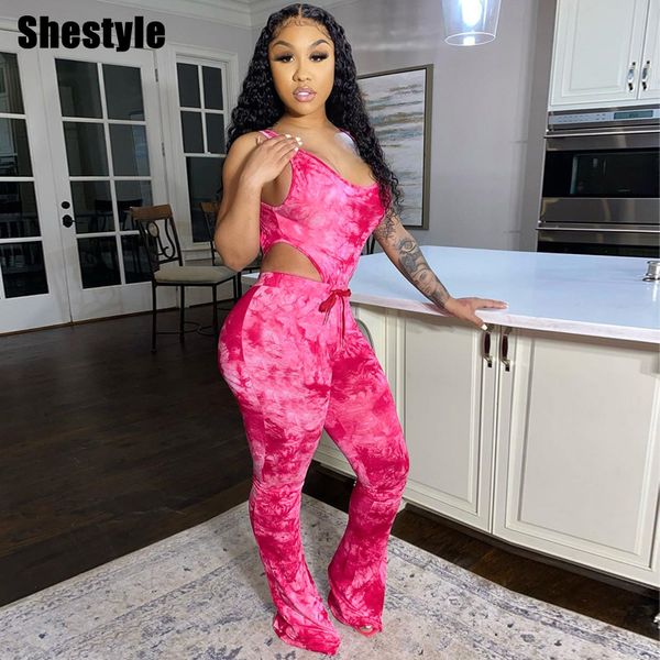 

shestyle scoop back tie dye printed sleeveless u neck high waist flare pants bodysuits 2 pieces sets women sportwearing, Black;white