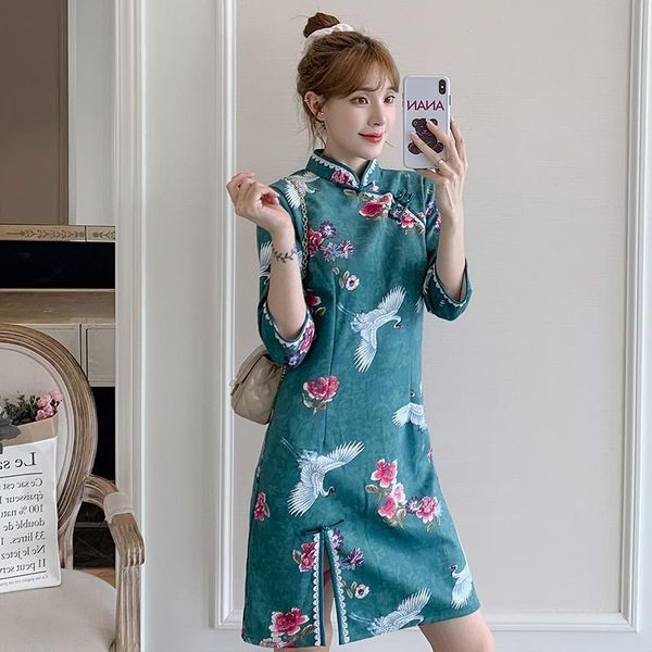 

casual dresses special temperament modern print dress sleeve improving in the winter faux suede split cheongsam, Black;gray