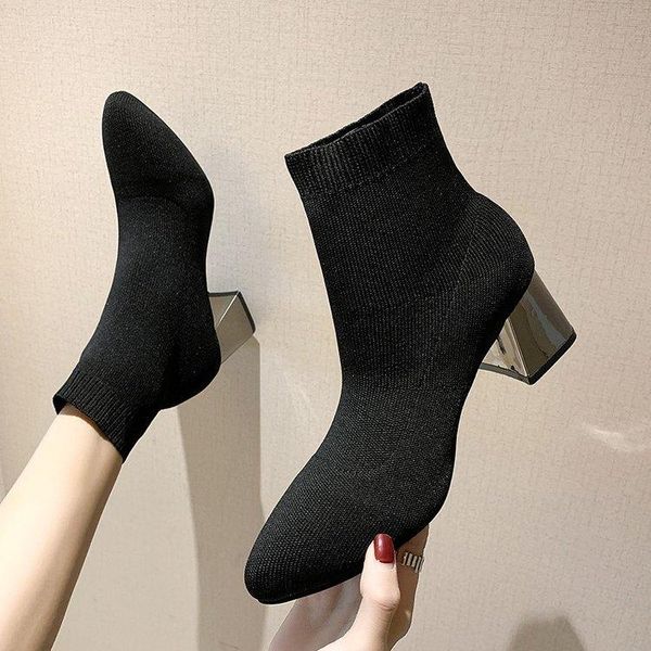 

boots elastic force with short woman coarse latest fashion 2021 knitting sharp, Black