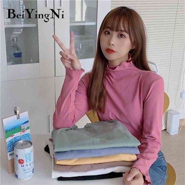 

women t shirt spring autumn long sleeve casual plain t-shirts female half turtleneck woman korean tshirts 210506, White;black