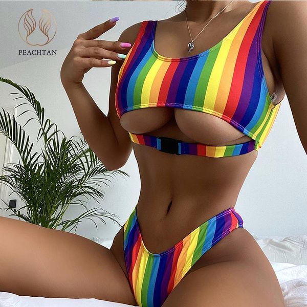 

women's swimwear peachtan bandeau bikini set stripe swimming suit high cut female buckle bathing sports beach wear, White;black