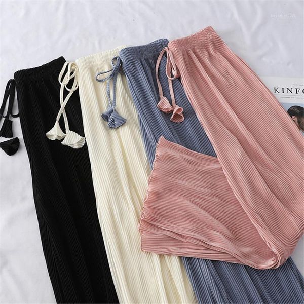 

women's pants & capris gowyimmes big size summwer women bow tie wide leg pant autumn lady ankle-length high waist pleated trousers pd35, Black;white