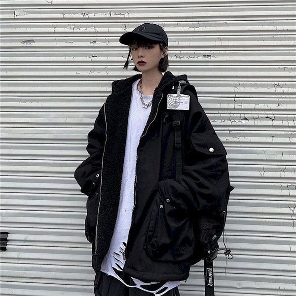 

2021 winter new double-sided padded jaet female harajuku loose warm imitation lamb wool hooded padded jaet korean fashion, Black