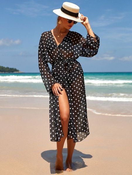 

polka dot split thigh kimono without bikini d7tg#, White;black