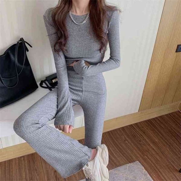 

spring two piece set women elegant knitting long sleeve short pullover + high waist pants ladies outfits 210519, White
