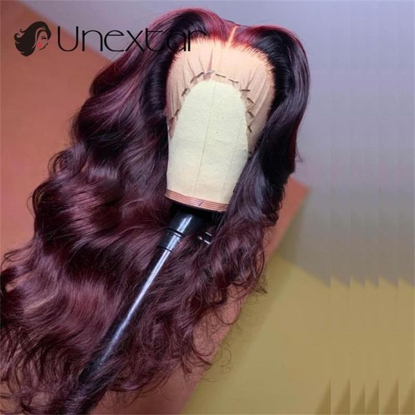 

lace wigs 99j burgundy red body wave 13x4 human hair colored brazilian wavy loose deep part for women, Black;brown