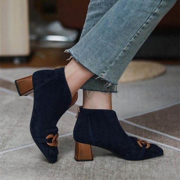 

boots thick round all heel women's shoes head chain tassel back zipper short sheep suede french elegant middle, Black