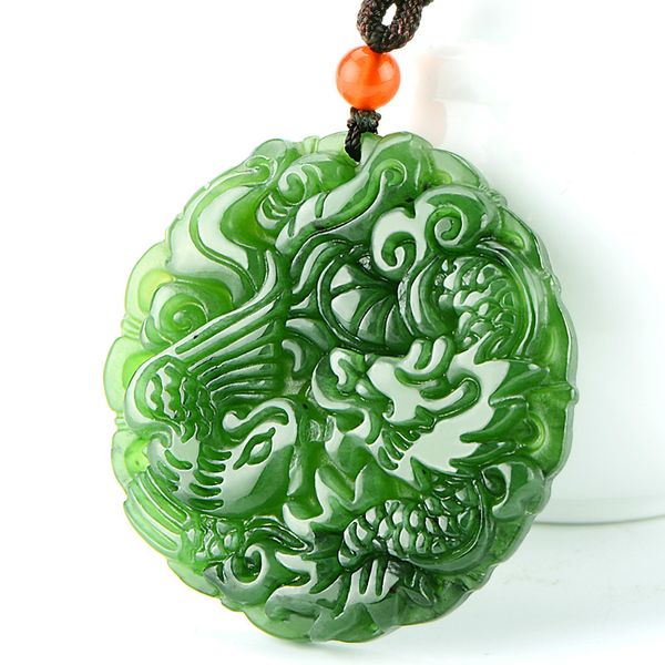 

green jade dragon phoenix pendant necklace natural chinese carved jadeite jewelry charm amulet fashion gifts for women, Silver