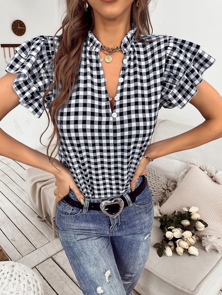 

gingham frill neck layered ruffle trim half button blouse 98v4#, White