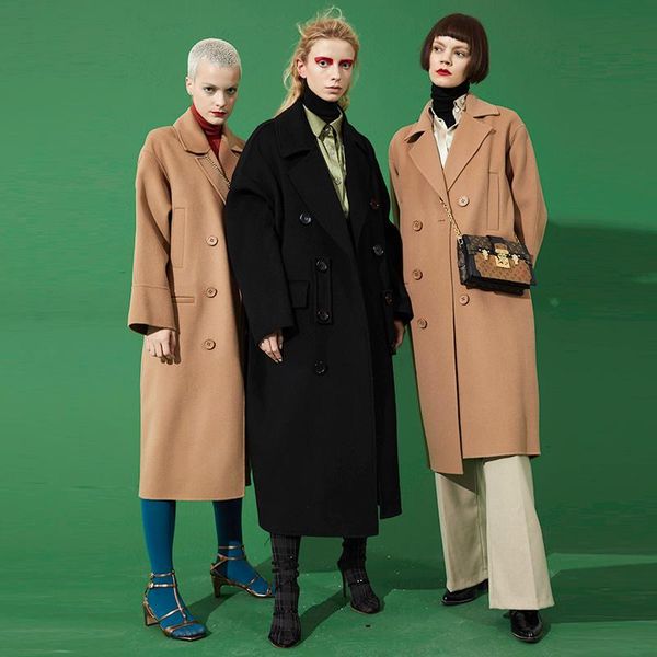 

women's wool & blends british style thickened black suit shape double-sided cashmere coat loose medium length winter 2021