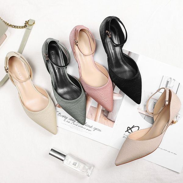 

dress shoes 2021 spring two-piece thin high heels woman ankle strap pointed toe pumps office lady career elegant solid sandals, Black