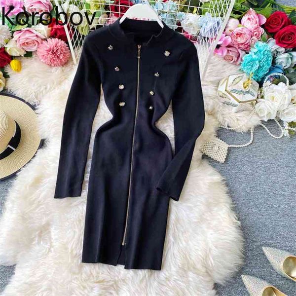 

korobov vintage elegant button zipper ol women dress korean knitted stand collar long sleeve dresses new arrival chic vestidos 210430, Black;gray
