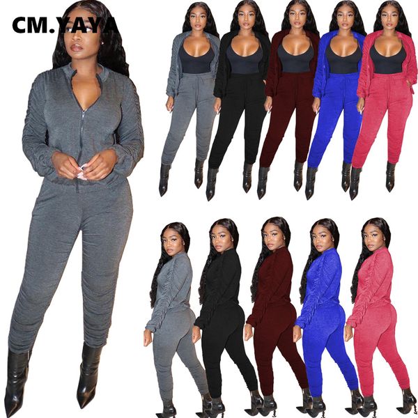

activewear womens set staed sleeve zipper sweatshirt ruched pants set sporty trasuit fitness two piece set outfitsby air, White