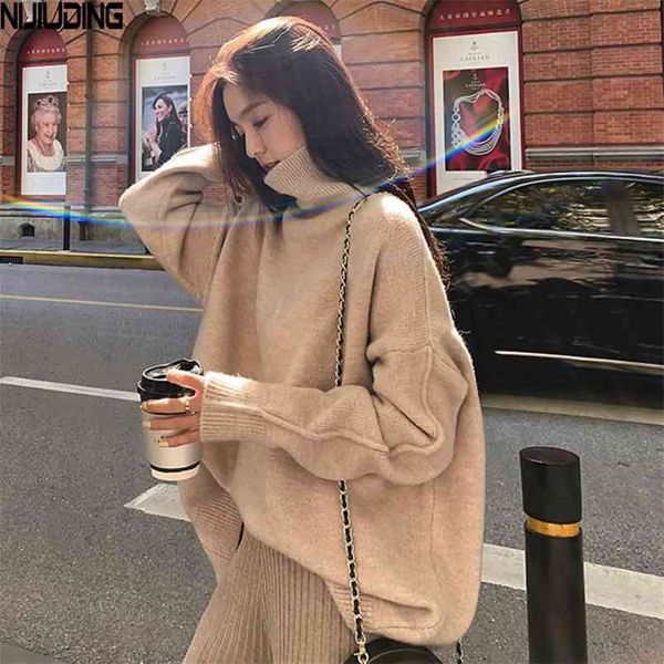 

women loose lazy autumn winter thick sweaters wear long sleeve turtlenck knitted shirt pullover wool 210514, White;black